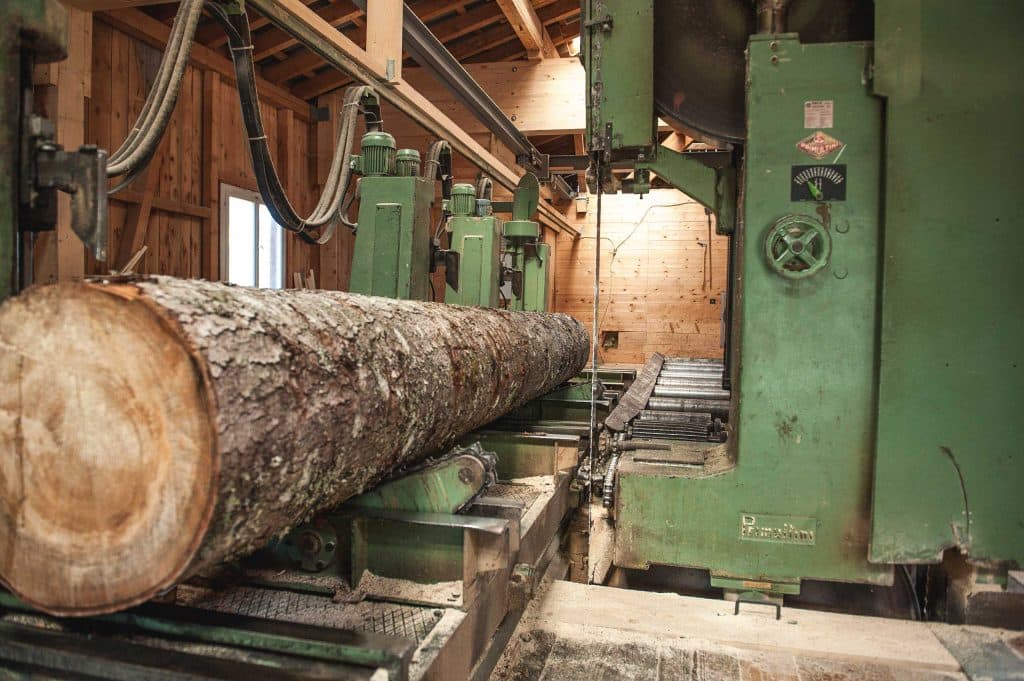 Ein Baumstamm wird von einer Maschine bearbeitet.